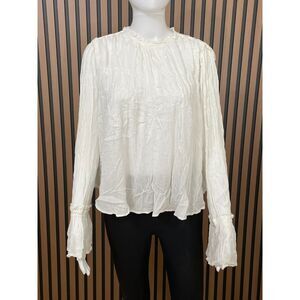 Free People Women's S White Blouse Viscose Tunic Peasant Bell Sleeve Semi-Sheer